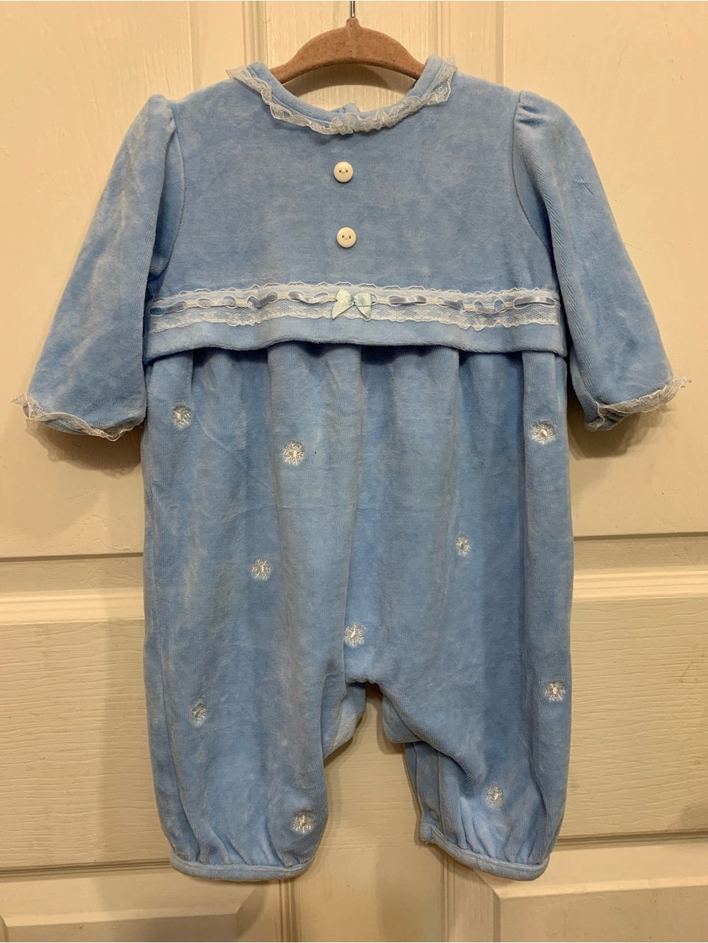 Vtg Okie Dokie Baby Girl 3-6m Blue Velour & Lace Formal Romper.             4013